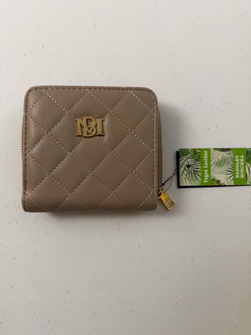 Badgley Mischka Taupe Quilted Vegan Leather Zip Wallet with Gold Logo